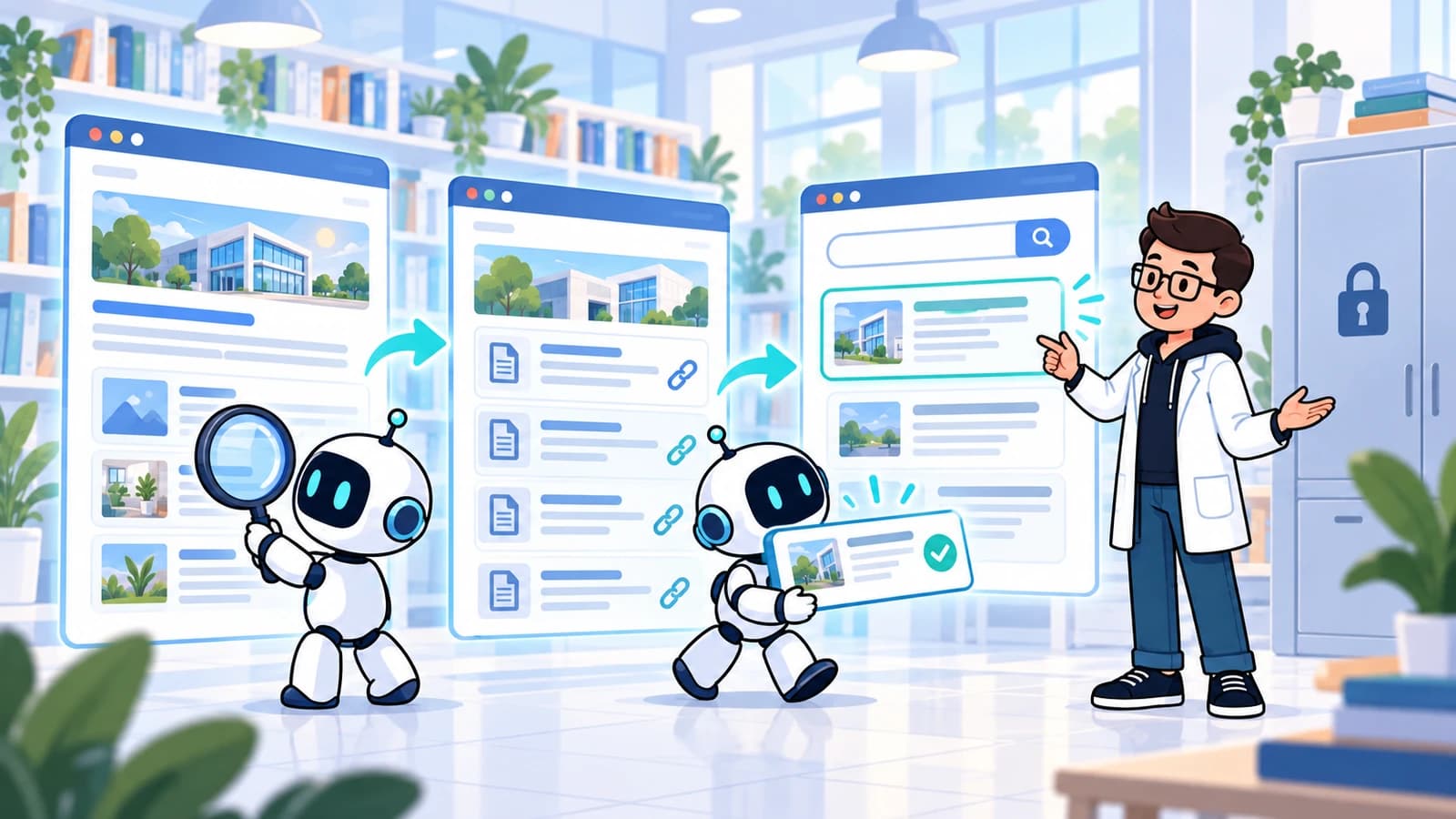 Marketing.clinic mascot helping two AI assistants read connected, clearly structured public webpages while private information remains in a locked cabinet.
