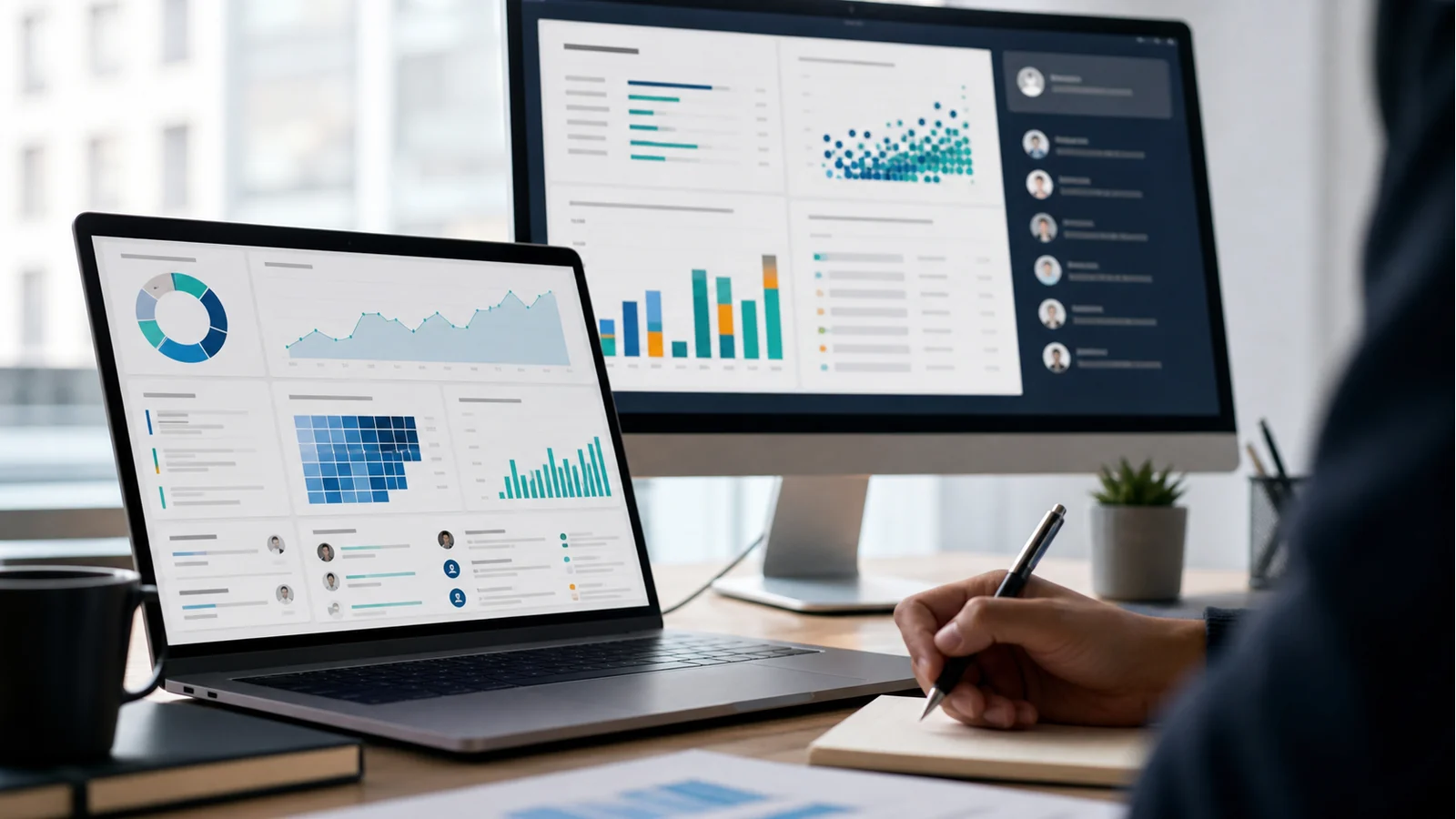 Business analytics dashboards on laptop screens being reviewed as part of an AI-assisted data analysis workflow.