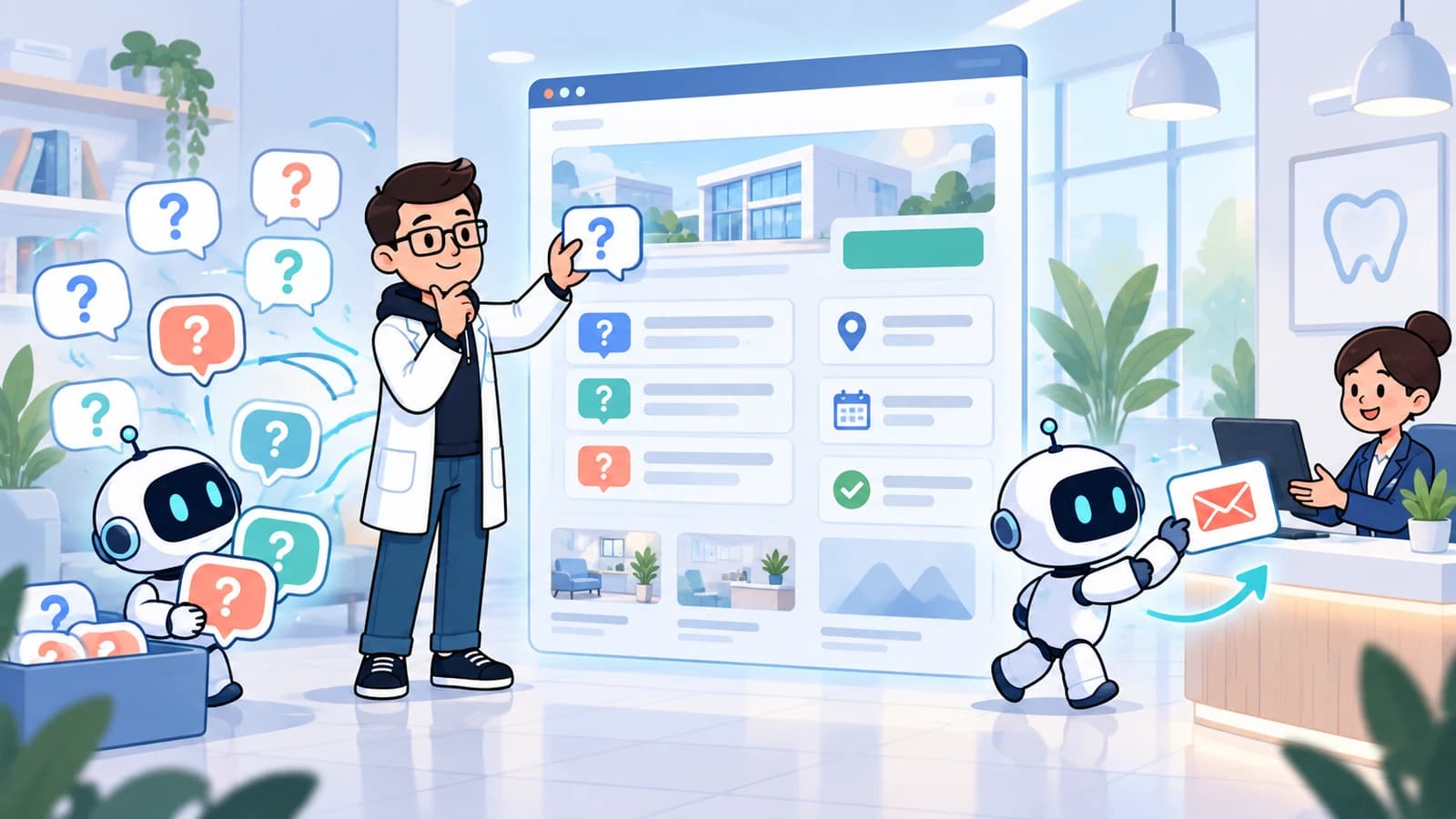 Marketing.clinic mascot arranging patient question cards into a clear clinic webpage while an AI assistant passes an enquiry to a receptionist.