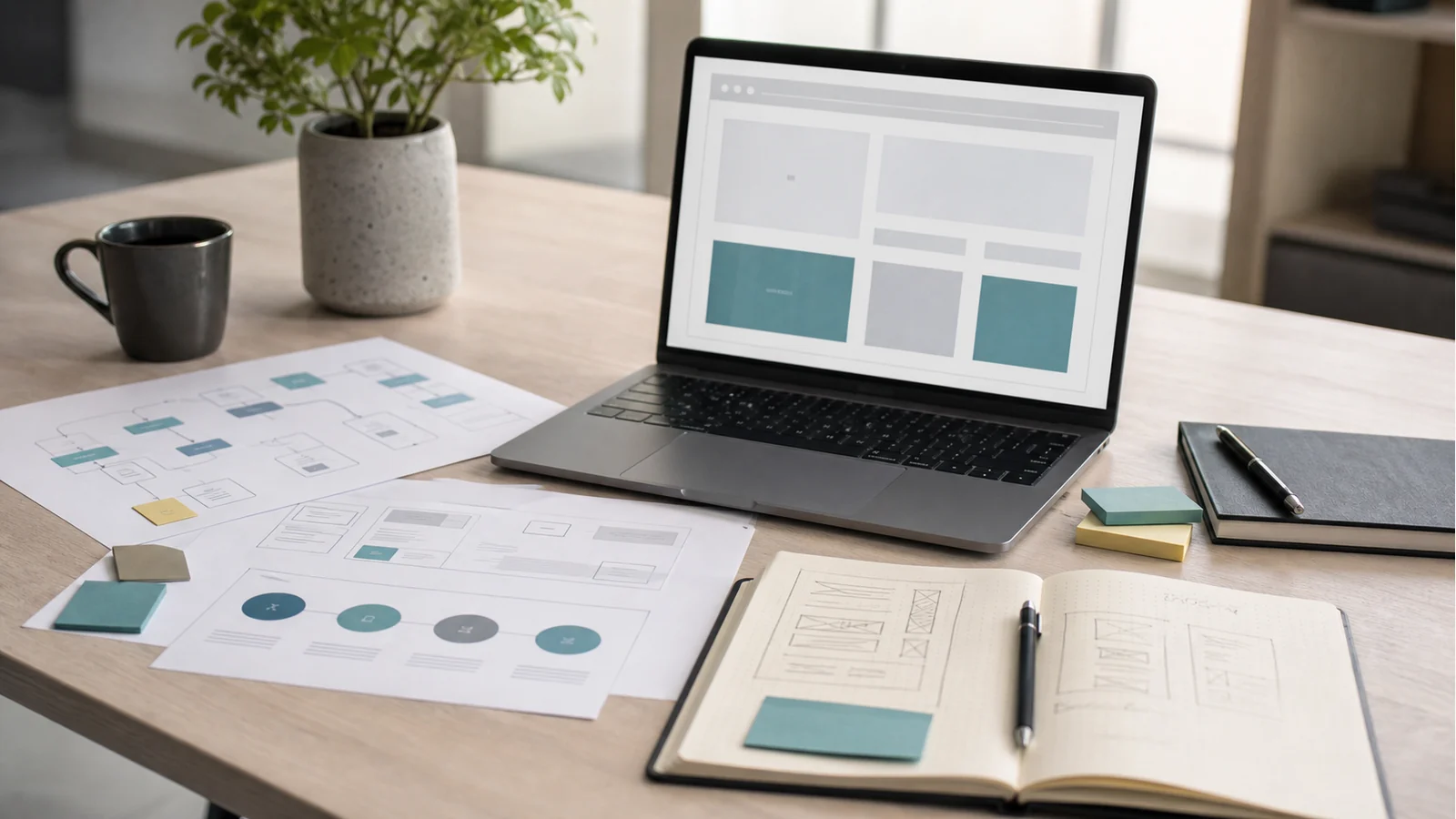 A workspace with website wireframes, journey maps and a laptop used for website design strategy planning.