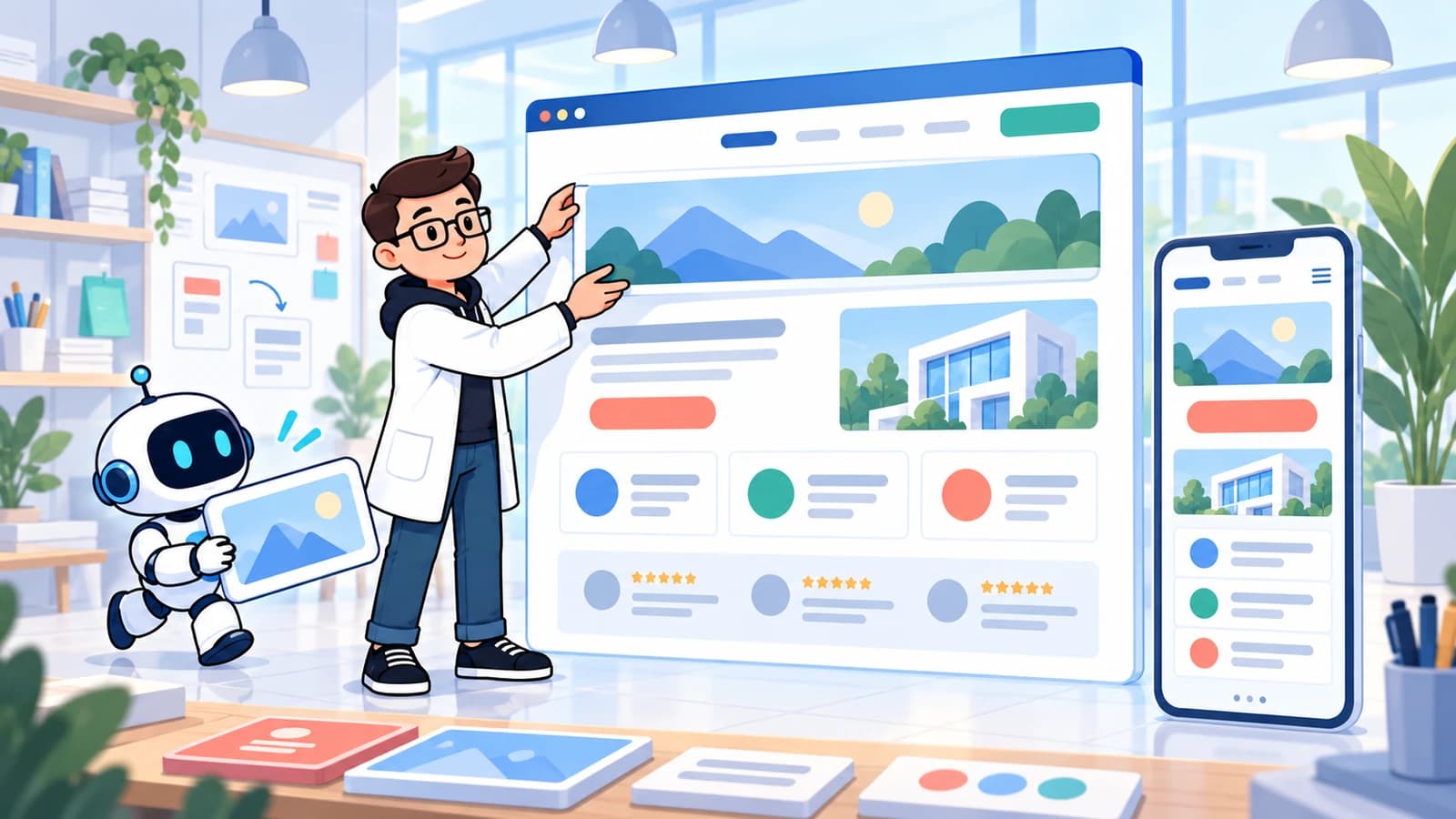Marketing.clinic mascot assembling an organised website from content modules, with a matching mobile layout and an AI assistant carrying a section.