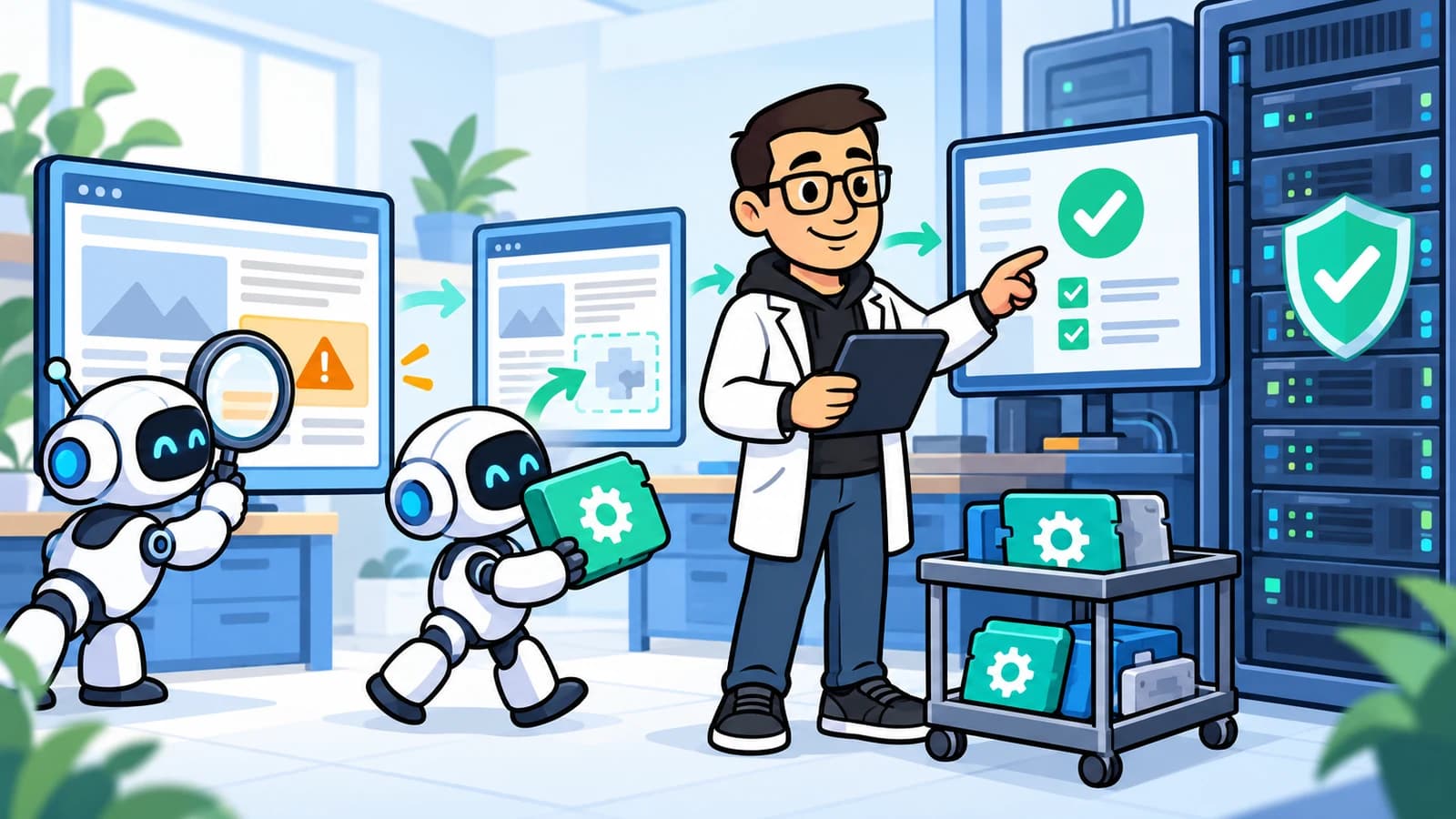 Marketing.clinic mascot supervising two AI assistants as they inspect a website, prepare an update and verify a protected server.