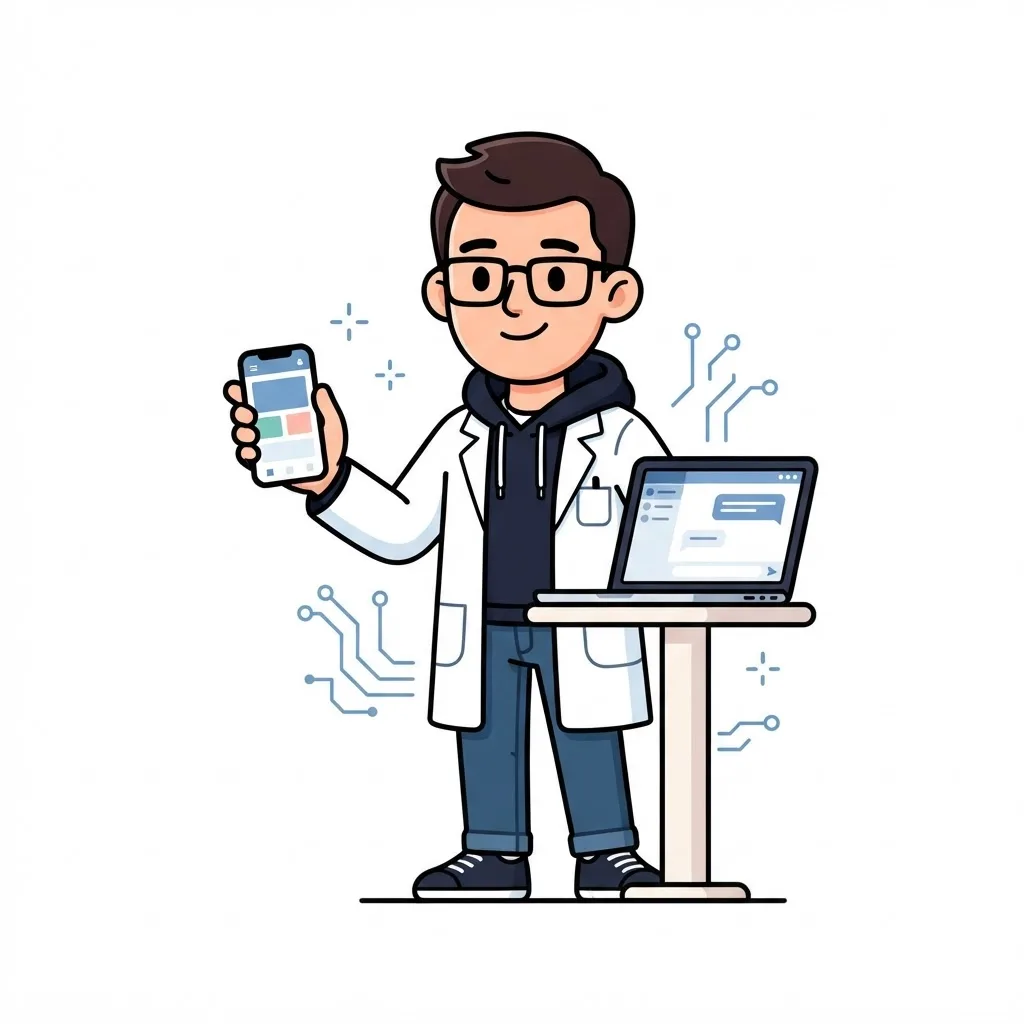 The Marketing.clinic consultant with AI-assisted application interfaces on phone and laptop