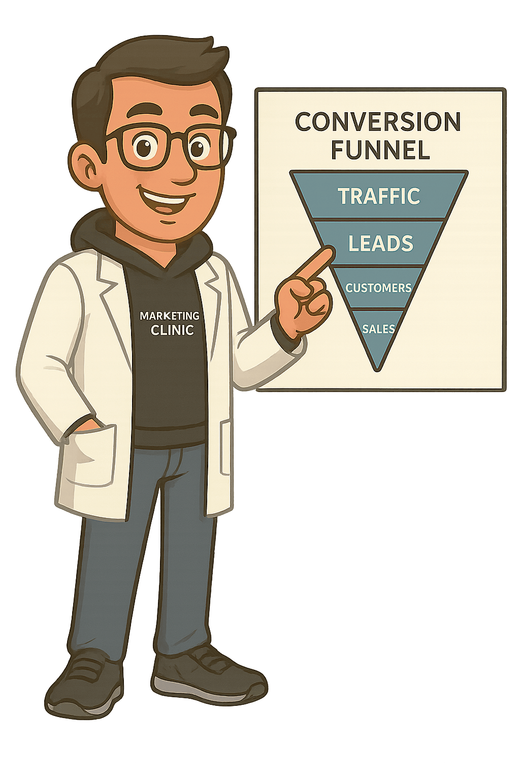 The Marketing.clinic mascot pointing at a conversion funnel chart