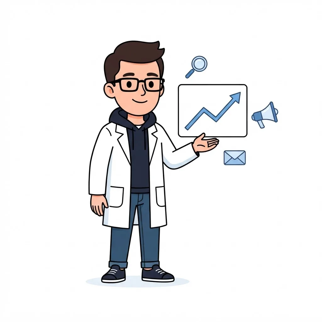 The Marketing.clinic consultant presenting an upward trend chart with search, advertising and email icons
