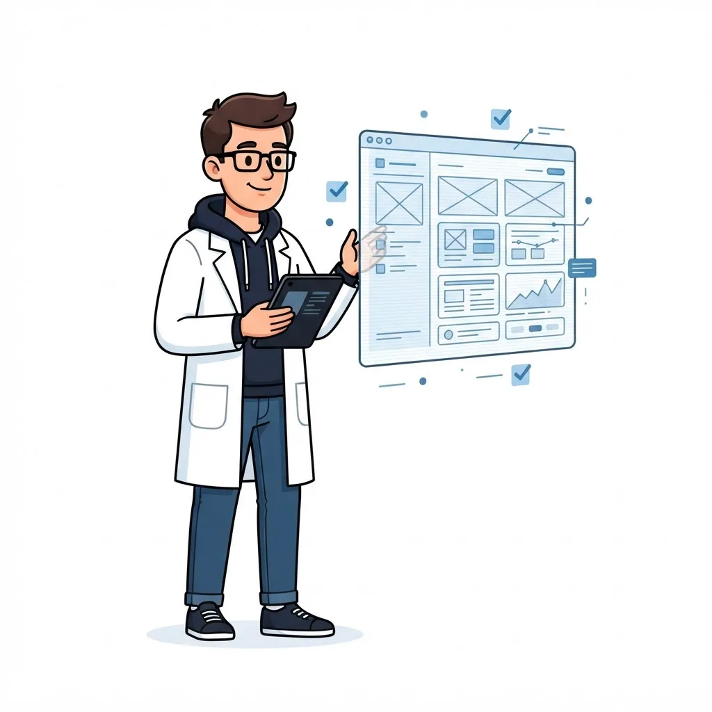The Marketing.clinic doctor examining a website wireframe with a diagnostic tablet