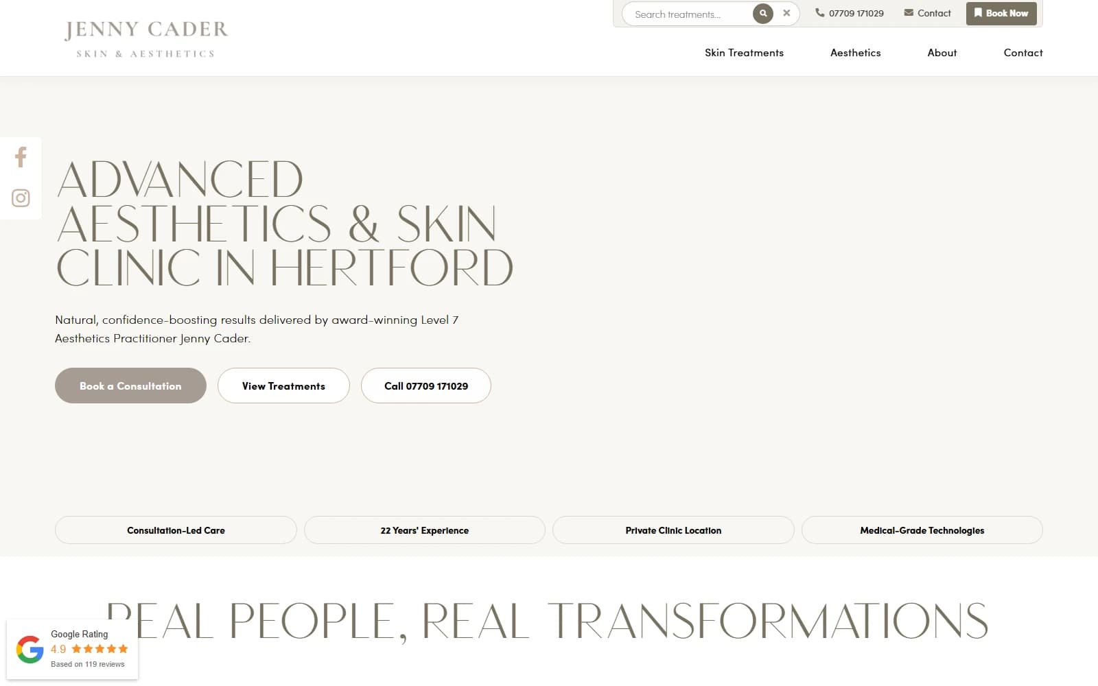 Screenshot of the Jenny Cader Clinic website interface