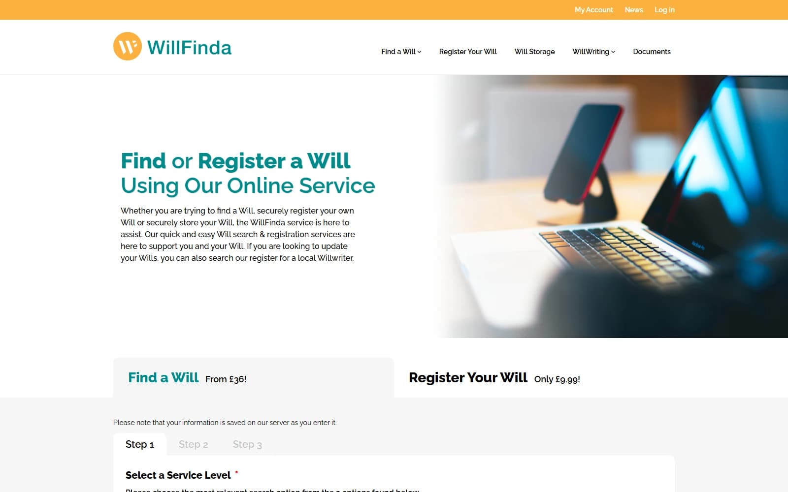 Screenshot of the WillFinda website interface