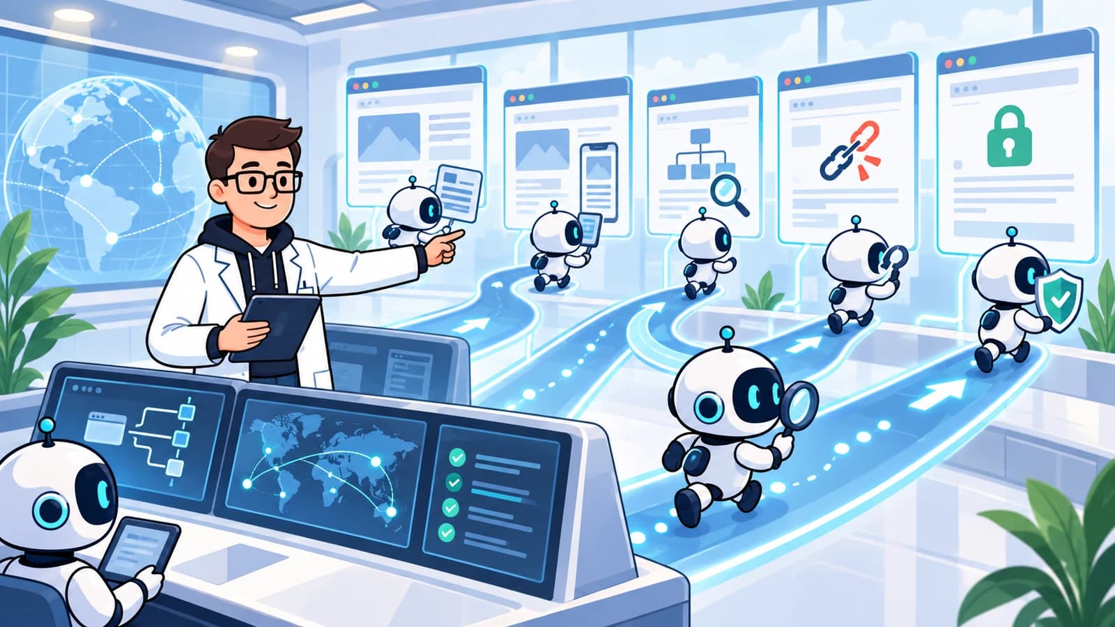 Marketing.clinic mascot directing AI assistant bots to inspect business website pages.