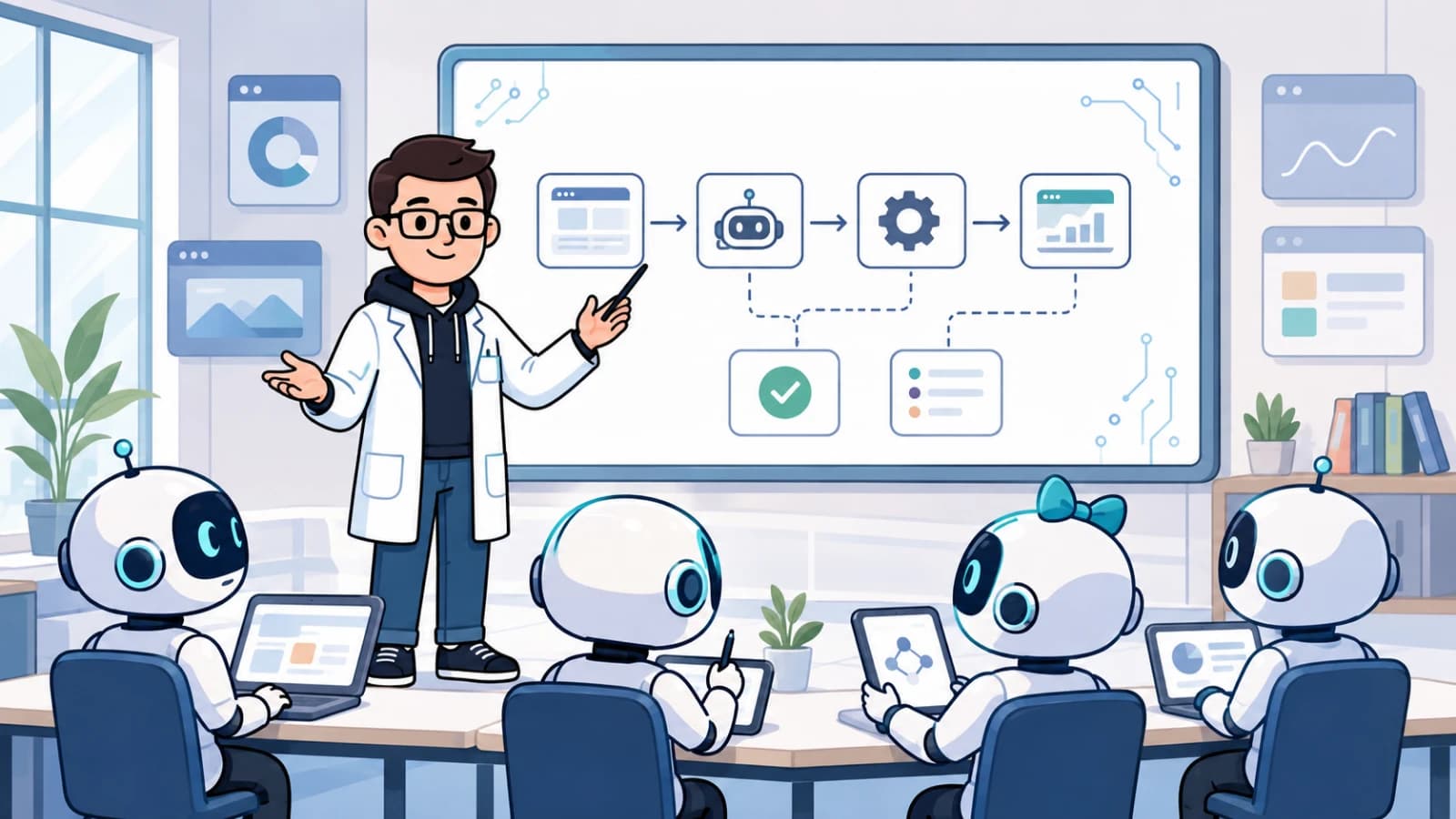 Marketing.clinic mascot teaching AI assistant bots about AI webmaster workflows in a classroom.