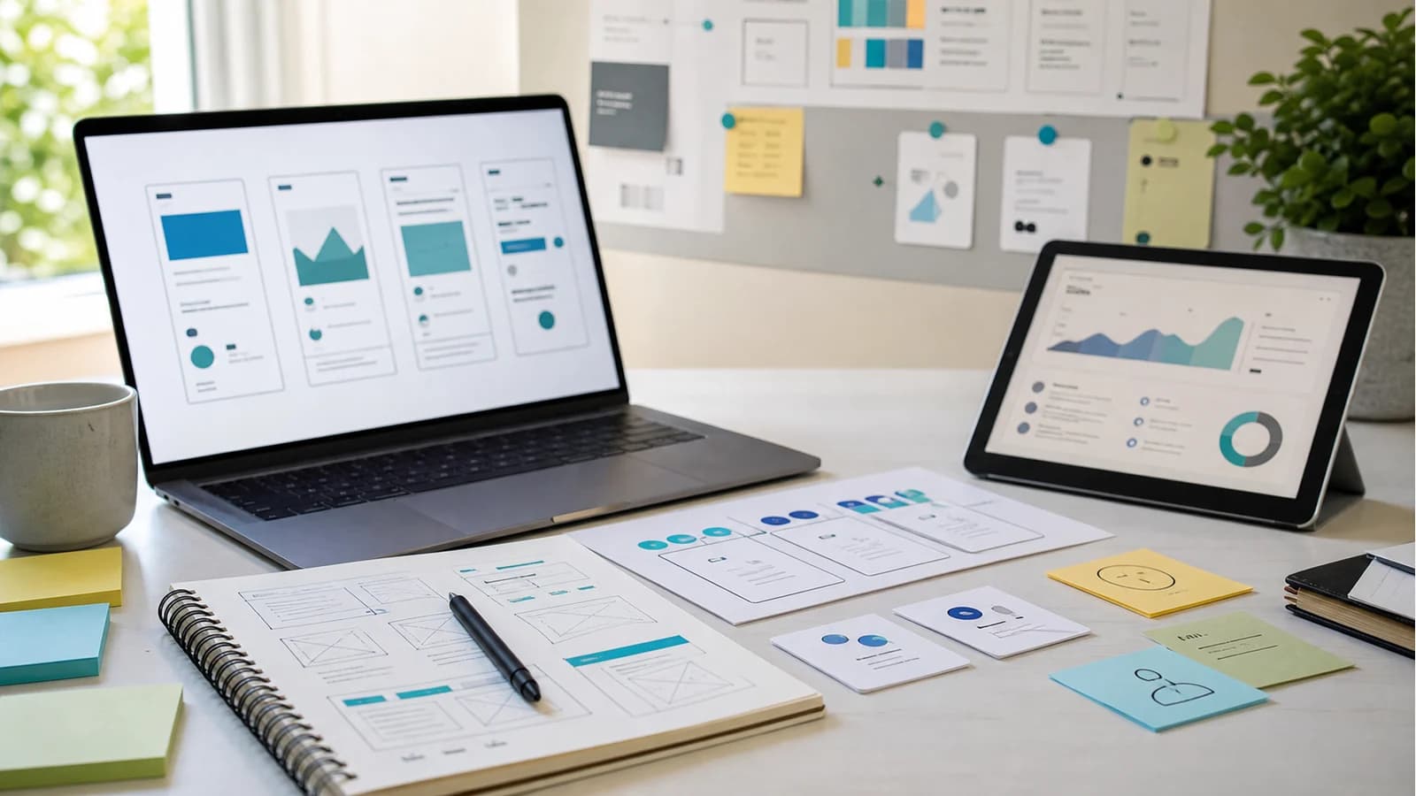 A product workspace with prototype screens, roadmap cards and launch analytics for taking a web idea to market.