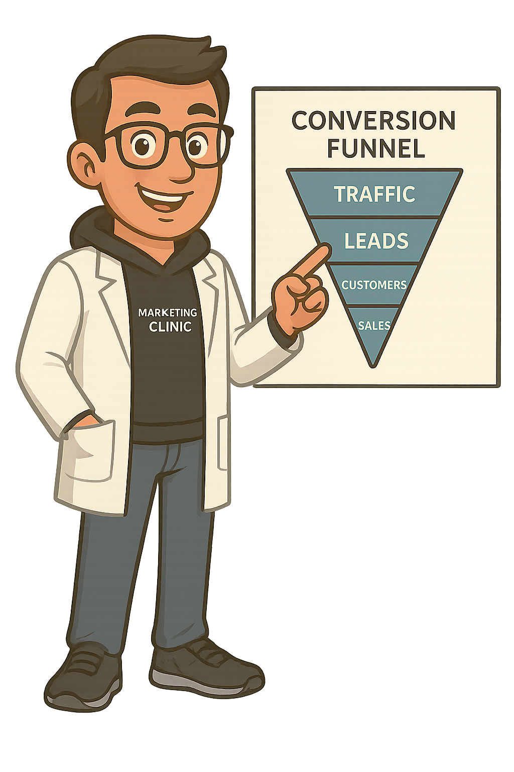 The Marketing.clinic mascot pointing at a conversion funnel chart